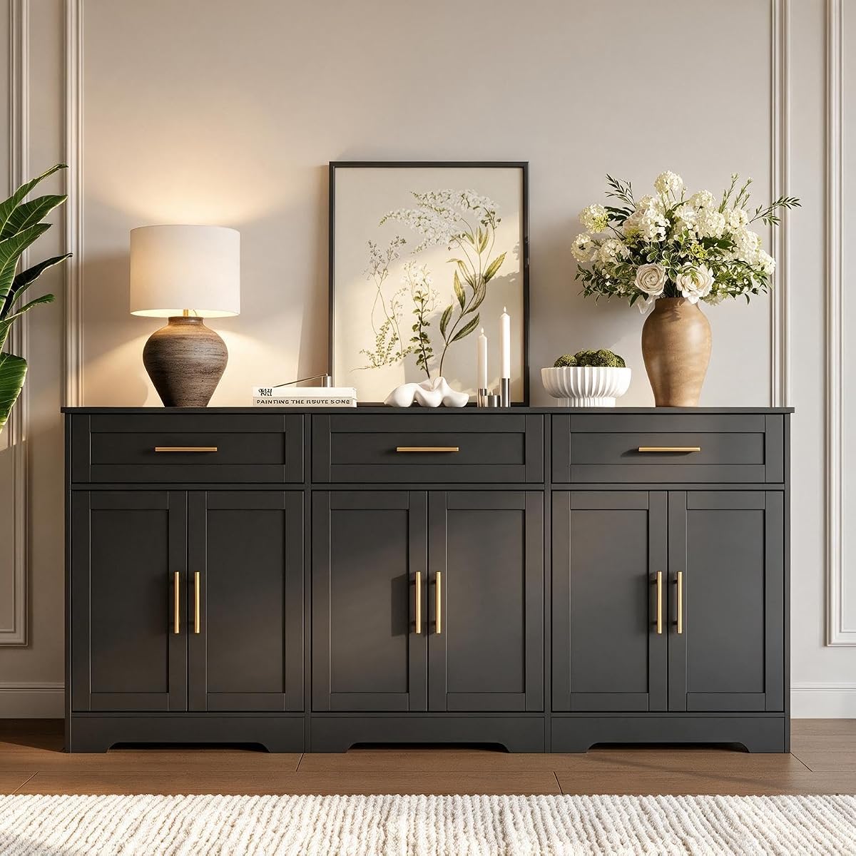 71” Large Sideboard Buffet Cabinet with Storage, Classic Black