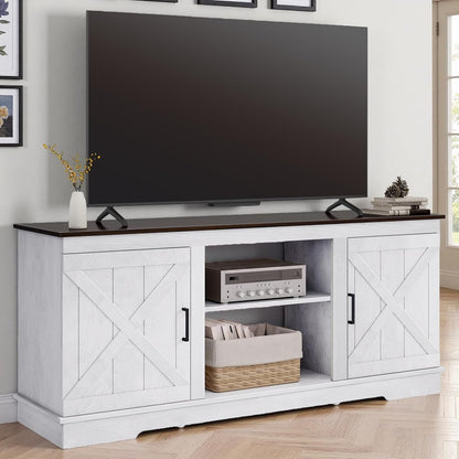 Farmhouse TV Stand for TVs up to 65, Double Barn Doors, Grey White