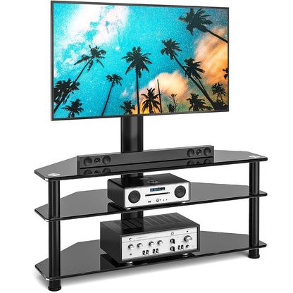 Corner Swivel Glass TV Stand with Mount for 32-70 Inch Screen TV up to 110lbs, Height Adjustable Corner TV Stand with Mount, Entertainment Center with TV Mount and 3-Tier Storage for AV Media