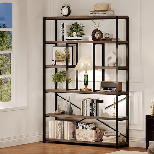 Tall Industrial Etagere Bookcase, Modern Wood Large Open 6 Tier Bookshelf, Vintage Wide Metal Book Shelf Organizer, Farmhouse Book Shelves for Bedroom Living Room Home Office Storage, Rustic Oak