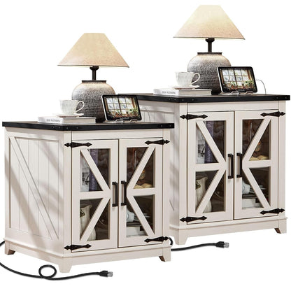 Farmhouse End Table Set of 2,24" Large Sofa Side Table with Charging Station Glass Barn Door,Wood Nightstand with Adjustable Storage Shelf,Square Bedside Table for Living Room,Bedroom,Office-White