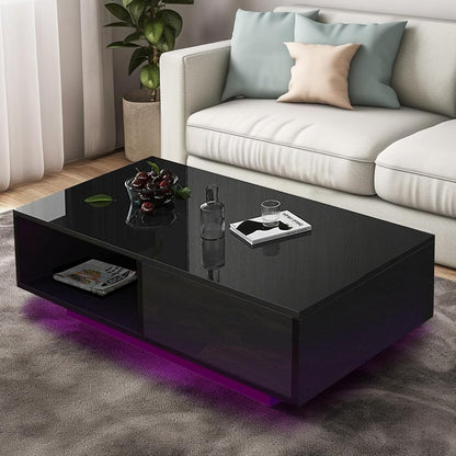 43.3IN LED Black Coffee Tables for Living Room with 16 Colors LED Lights Modern Coffee Table with Storage Drawer Rectangle Center Table for Home Furniture