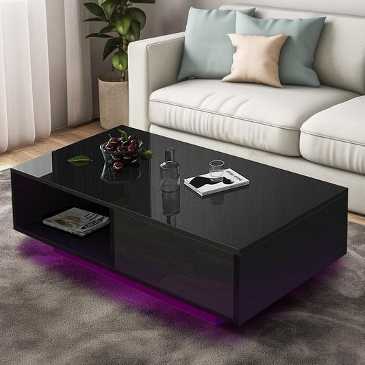 43.3IN LED Black Coffee Tables for Living Room with 16 Colors LED Lights Modern Coffee Table with Storage Drawer Rectangle Center Table for Home Furniture