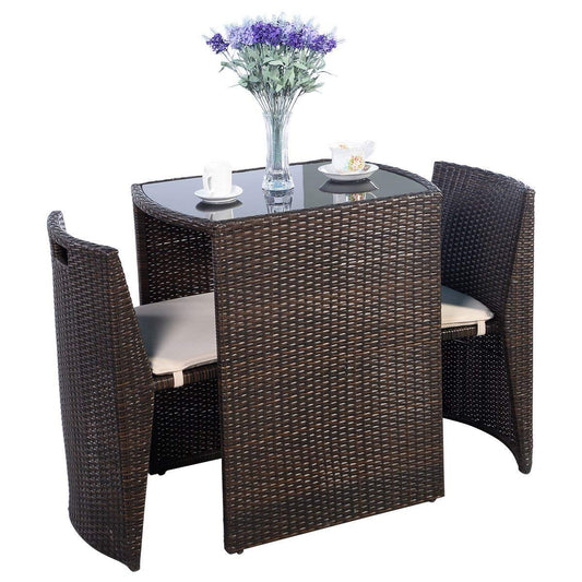 3 PCS Cushioned Outdoor Wicker Patio Set Convention Bistro Set Garden Lawn Space Saving Conversation Sofa Furniture No Assembly (Brown)