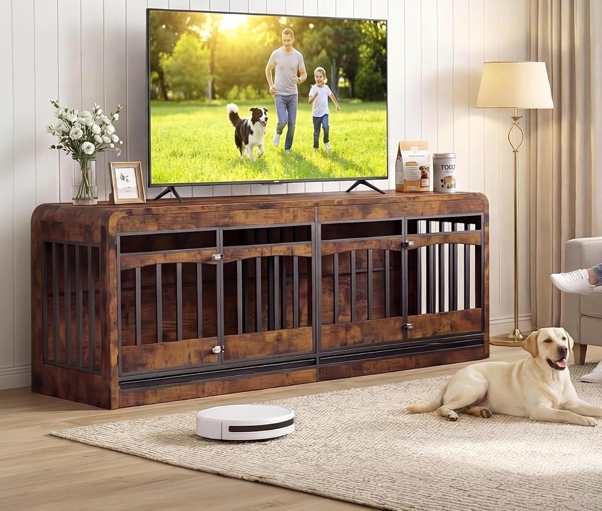 72" Double Dog Crate Furniture, Dog Crates for 2 Medium Large Dogs