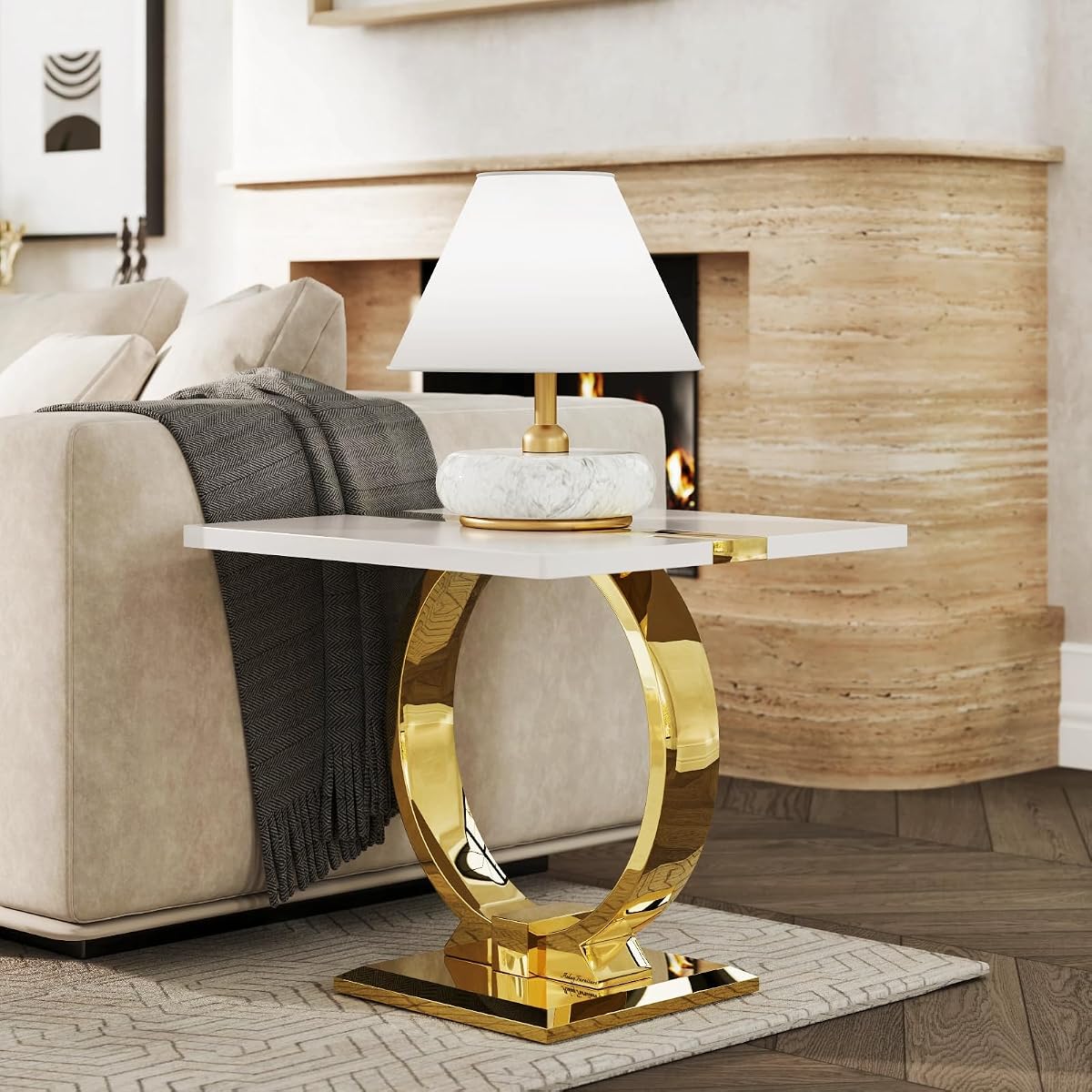 White and gold square end table with polished metal U-base