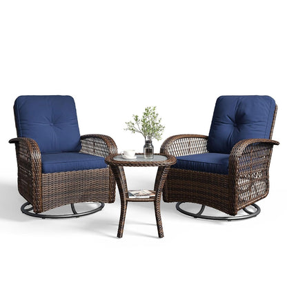 3 Pieces Patio Furniture Set, Patio Swivel Rocker Chairs Set of 2, Wicker Outdoor Bistro Set with Rocking Chair, Thickened Cushions and Table for Porch (Blue)