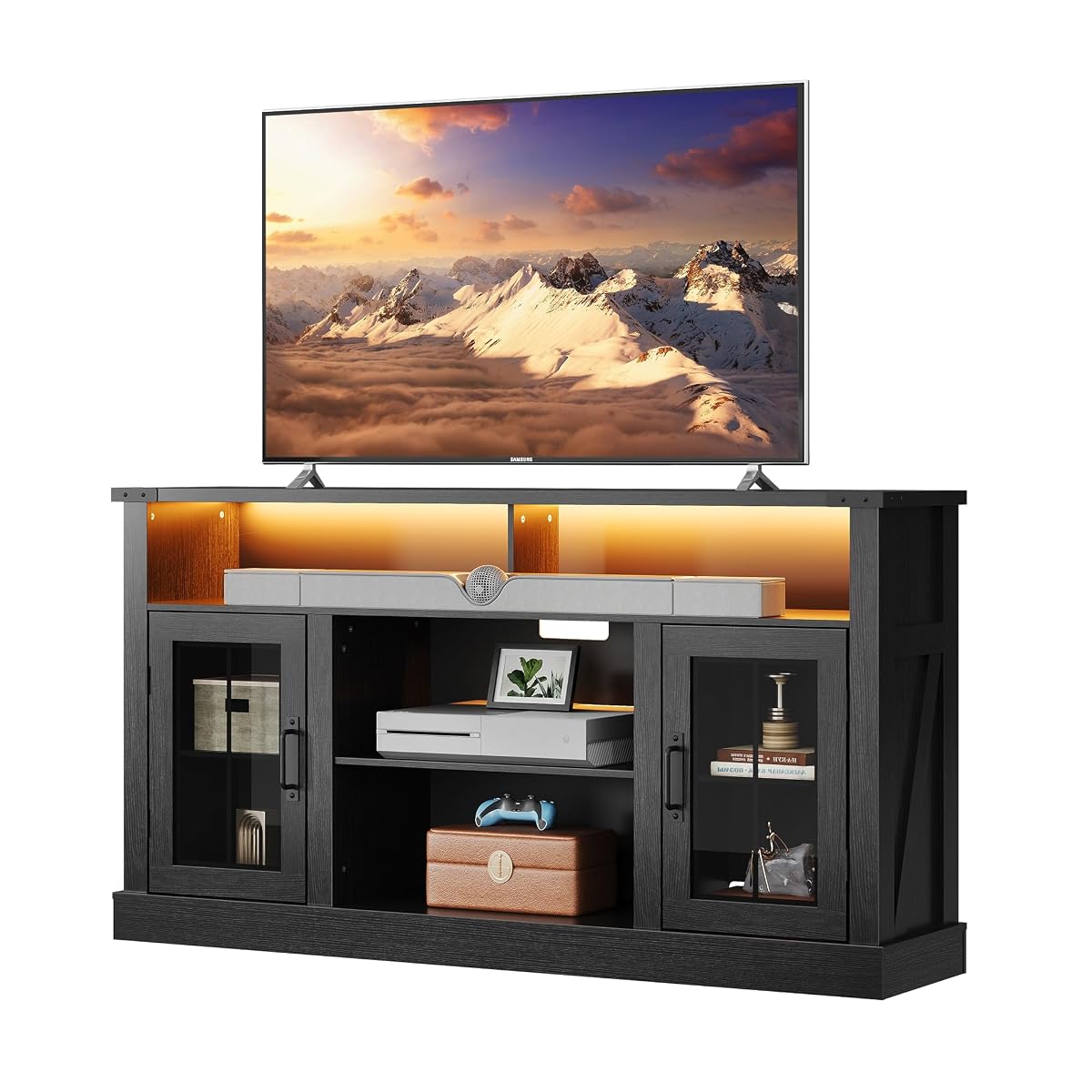 Farmhouse TV Stand for 65 Inch TV, Tall Entertainment Center with LED Lights & Storage Cabinets, TV Media Console Table with Adjustable Shelf for Living Room, Bedroom, Home Theater, Black