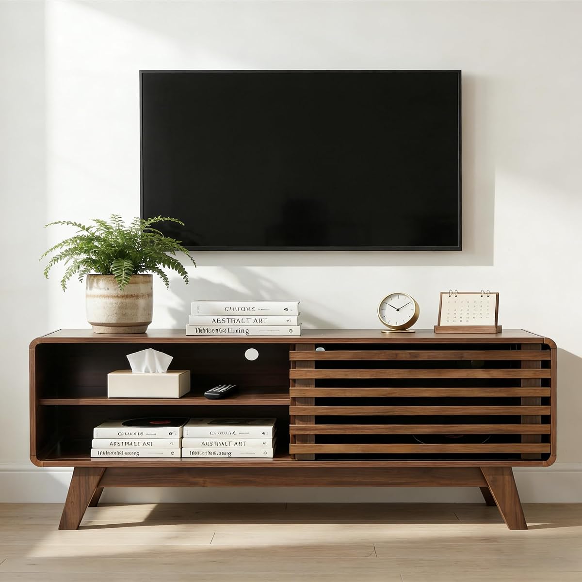 46" Mid-Century Modern TV Stand with Slatted Sliding Doors