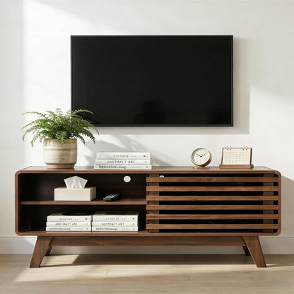 46" Mid-Century Modern TV Stand with Slatted Sliding Doors