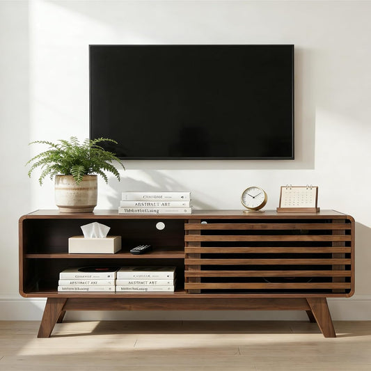 46" Mid-Century Modern TV Stand with Slatted Sliding Doors