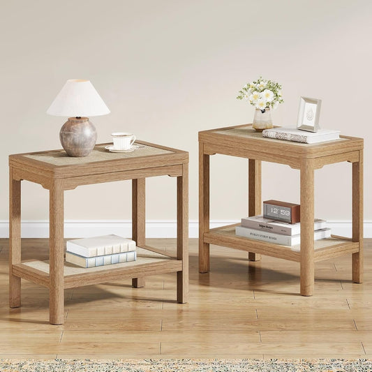 Rattan Night Stand, Farmhouse 2 Tier End Table for Bedroom