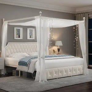 King Upholstered Canopy Bed Frame with 3 Storage Drawers & Button Tufted, view 2