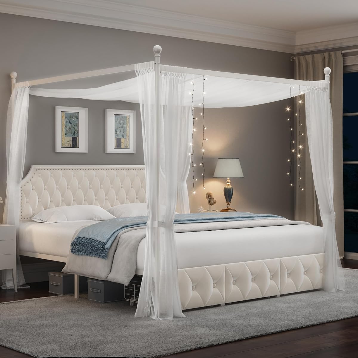 King Upholstered Canopy Bed Frame with 3 Storage Drawers & Button Tufted