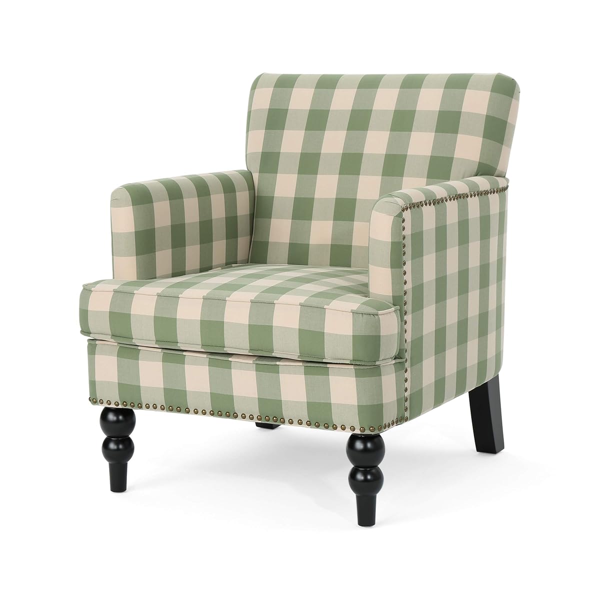 Eve Modern Upholstered Club Chair, Wooden Living Room Accent Chair, Comfy Bedroom Reading Chair, Multifunctional Armchair, Green Checkerboard