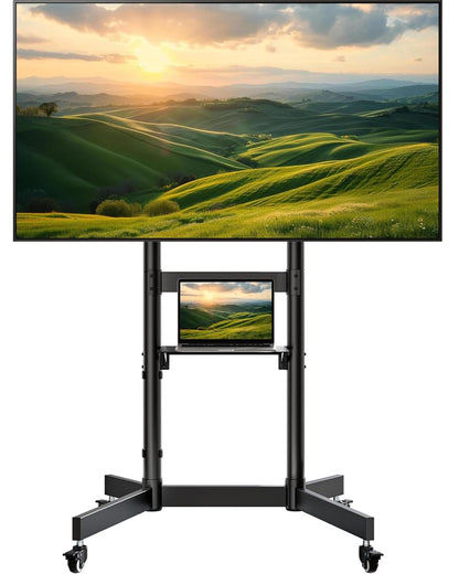 Heavy-Duty Rolling TV Stand for 55–100" Screens — Supports 165 lbs, Stable Mobile TV Cart with Shelf & Locking Wheels, Max VESA 800x600mm, Black