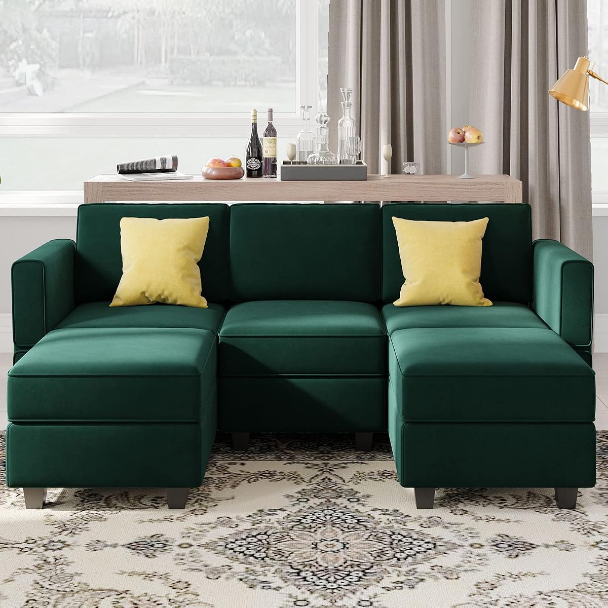 Modular Sectional Sofa with Double Chaise Velvet U Shaped Sofa Reversible Sectional Couch with Storage Green