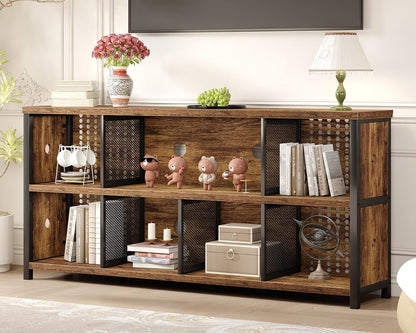 Rustic Horizontal Bookshelf, Industrial Bookcase Cube Storage Organizer, Wide Large Metal Wooden Office Cube Shelf, Farmhouse Low Long Book Shelf for Home Bedroom Living Room, Rustic Brown, 63 in
