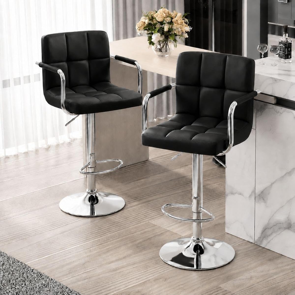 Bar Stools Set of 2, Swivel with Backs, Adjustable Height, Black