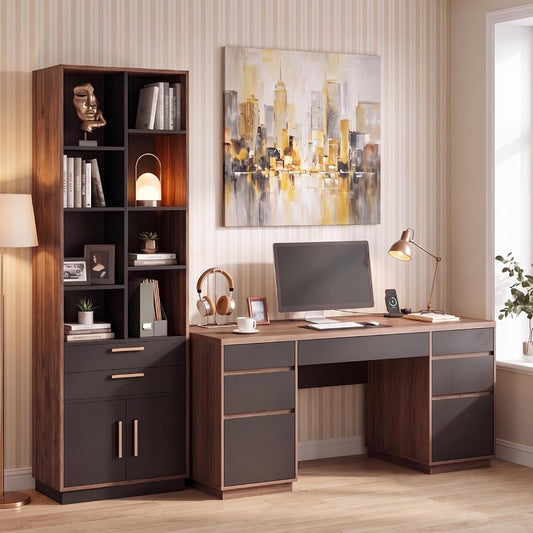 63'' Wood Executive Desk with 7 Drawers, Tall Bookcase, 8 Storage Cubes