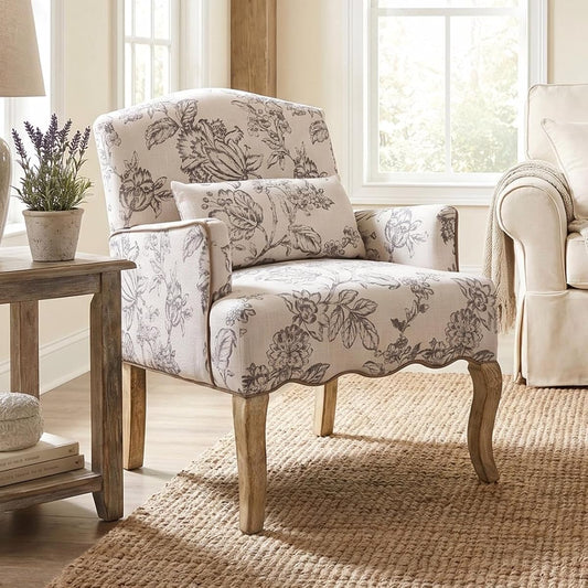 Floral Accent Chairs Farmhouse Upholstered Armchair Linen Reading Chair Mid Century Modern Single Sofa Chair with Pillow for Bedroom/Living Room/Fireplace, Beige, 1PC