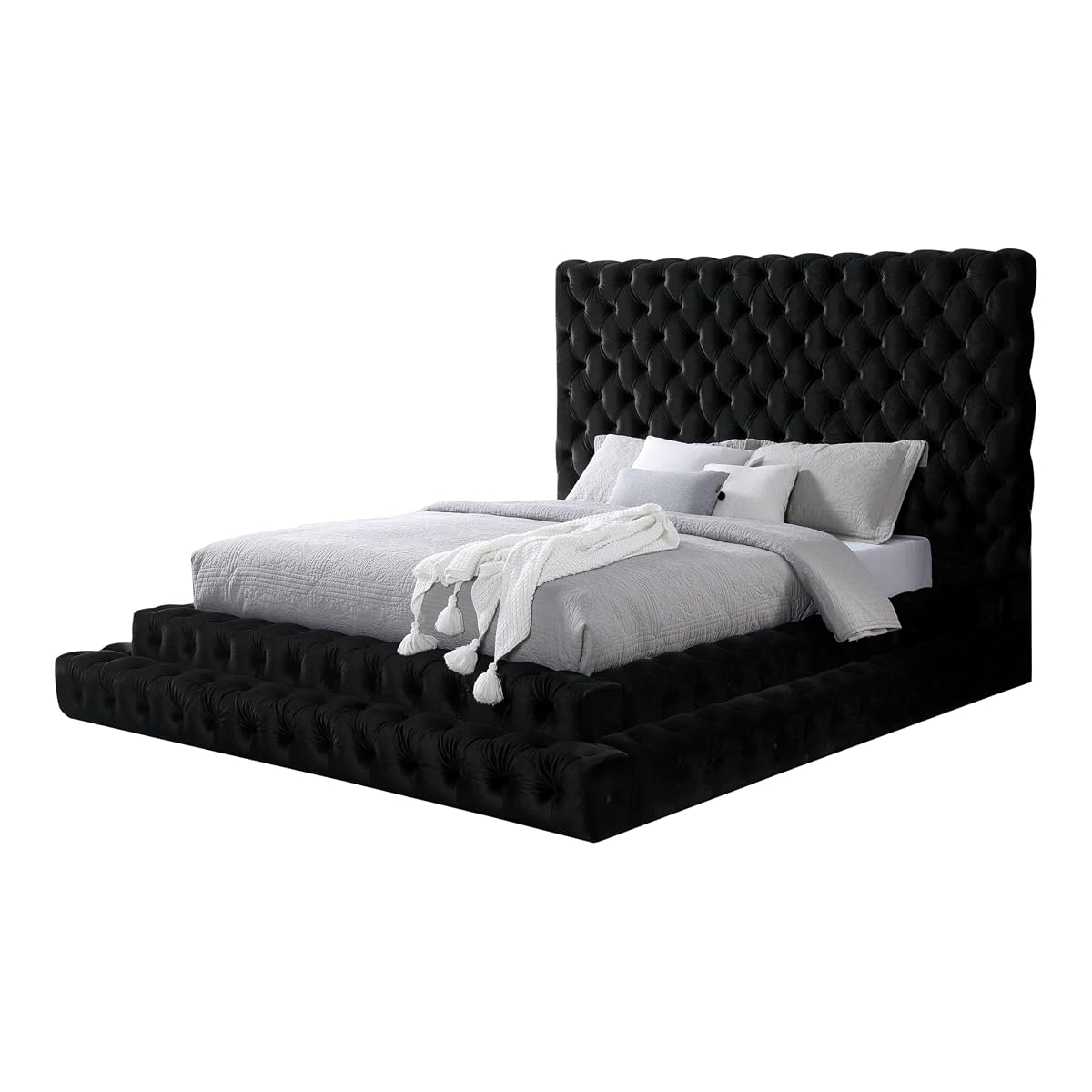Black Sable fabric step-up bed with oversized headboard and button tufting