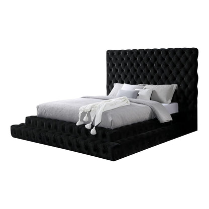 Black Sable fabric step-up bed with oversized headboard and button tufting
