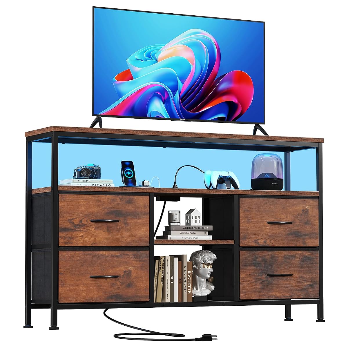 TV Stand with LED Lights and Power Outlets for Bedroom