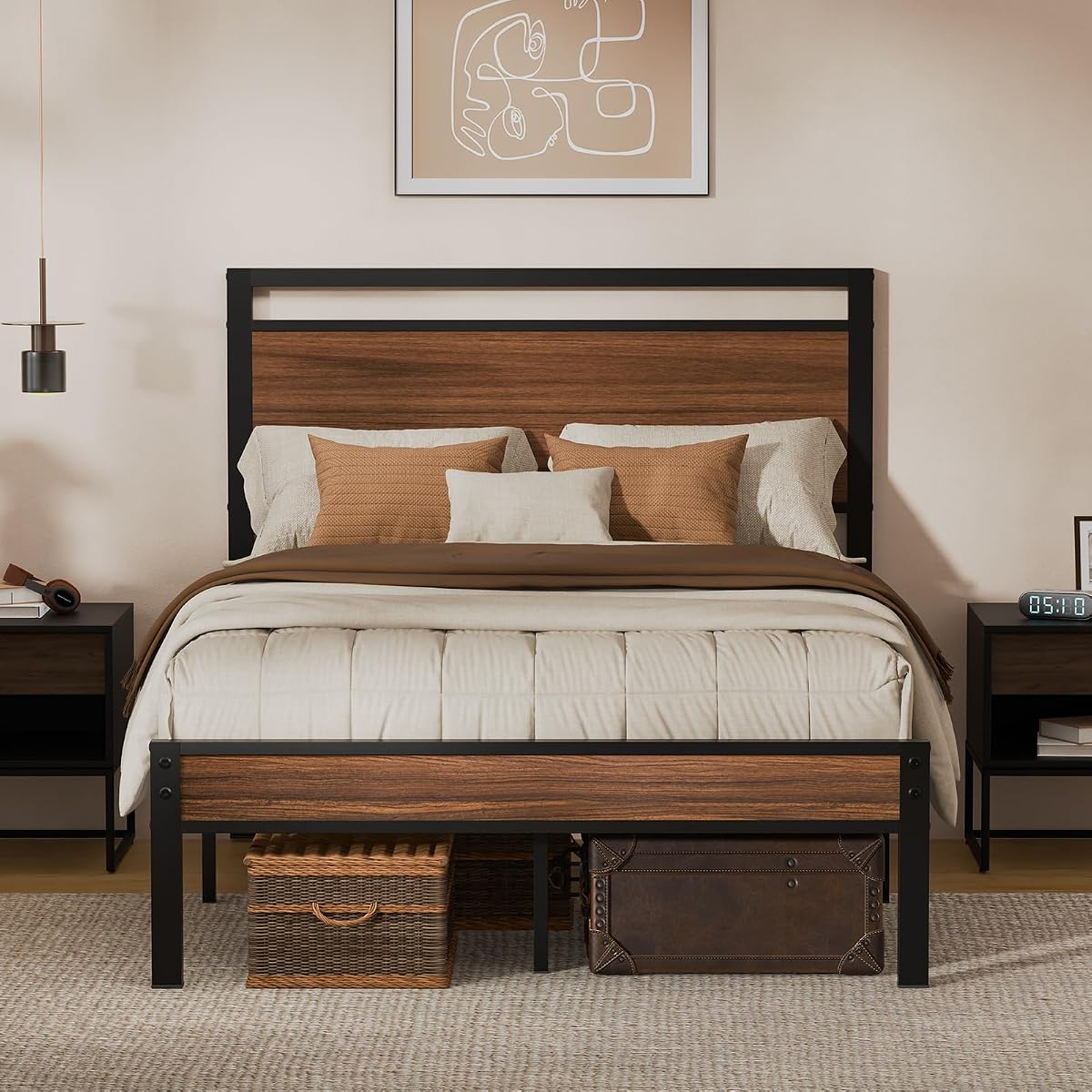 Full Metal Bed Frame&Wooden Headboard&Footboard,No Box Spring,Walnut