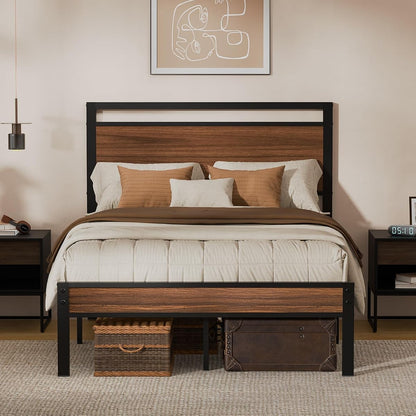 Full Metal Bed Frame&Wooden Headboard&Footboard,No Box Spring,Walnut