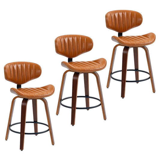 Swivel Bar Stools Set of 3, 24 inch PU Leather Wooden Bentwood Barstools Counter Height Modern Breakfast Bar Chairs with Backrest and Footrest for Kitchen Island, Dining Room D035-Brown-3