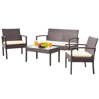 4 Piece Outdoor Patio Furniture Set, Rattan Patio Conversation Set | Thick Polyester Cushions, Tempered Coffee Table, Steel Frame Easy Assembly, Suit for Backyard Porch Poolside Balcony, Beige