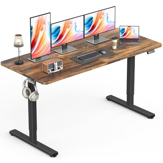 Standing Desk, Height Adjustable Electric Stand up Desk, 55 x 24 Inches Sit Stand Home Office Desk with Splice Board, Black Frame/Rustic Brown Top