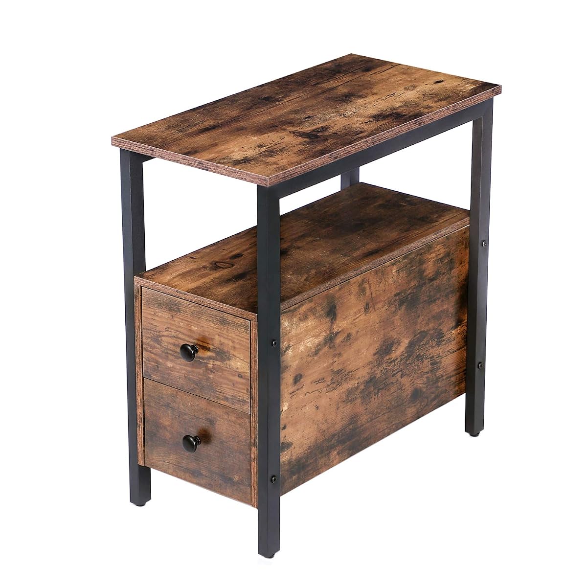 End Table, Narrow Chairside Table with Drawer and Open Storage Shelf, Nightstand for Small Spaces, Stable and Sturdy Construction, Wood Look Accent Furniture, Rustic Brown and Black BF548BZ01G3