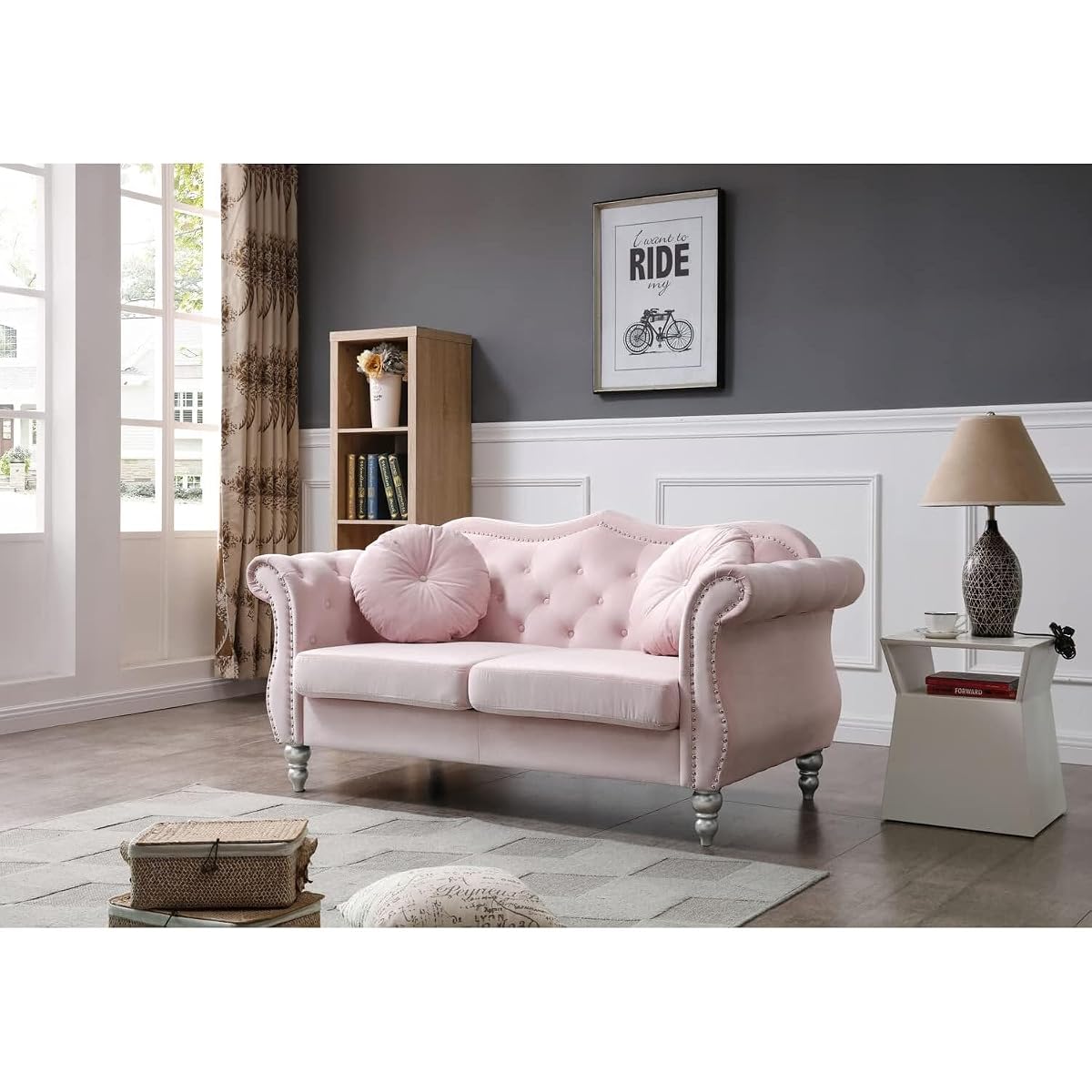 Velvet Loveseat, 68" Wide, Dark Gray - Hollywood Regency Style Sofa Pink