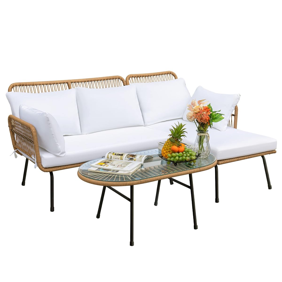 Outdoor Patio Furniture Set, Outdoor Sectional Conversation Rope Woven L-Shaped Sofa Set with Patio Table and Thick Cushions for Backyard Porch Balcony Garden, White