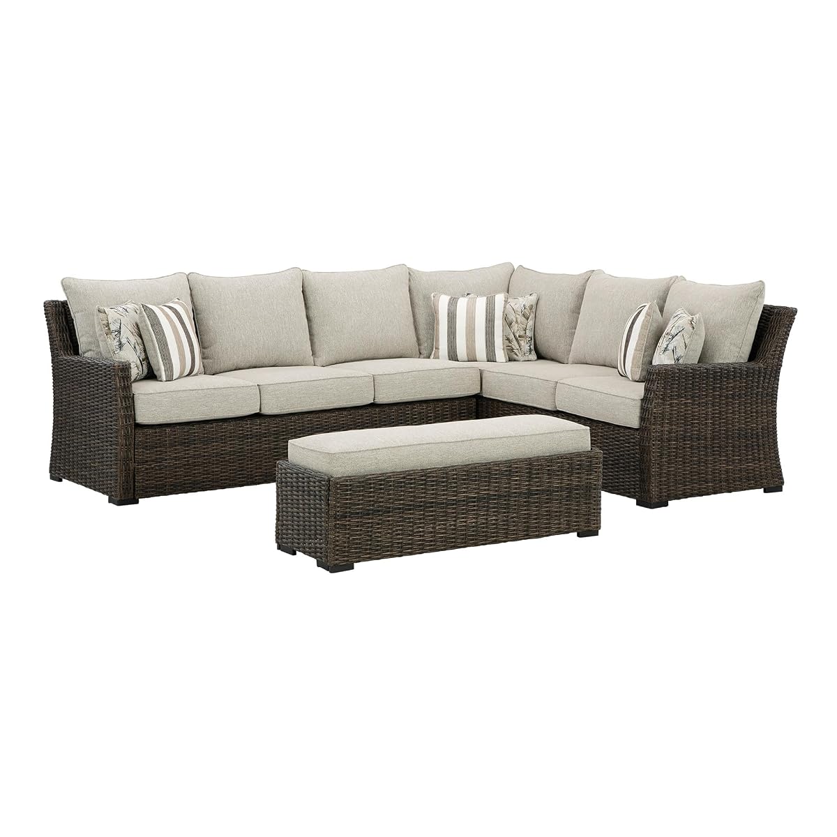 Signature Design by Ashley Brook Ranch Outdoor Sectional, All‑Weather Resin Wicker Patio Furniture With High‑Performance Cushions, Durable Aluminum Frame, Neutral