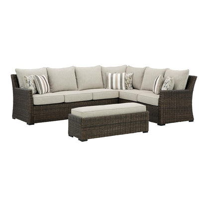 Signature Design by Ashley Brook Ranch Outdoor Sectional, All‑Weather Resin Wicker Patio Furniture With High‑Performance Cushions, Durable Aluminum Frame, Neutral