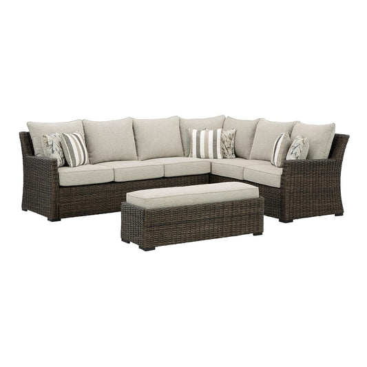 Signature Design by Ashley Brook Ranch Outdoor Sectional, All‑Weather Resin Wicker Patio Furniture With High‑Performance Cushions, Durable Aluminum Frame, Neutral