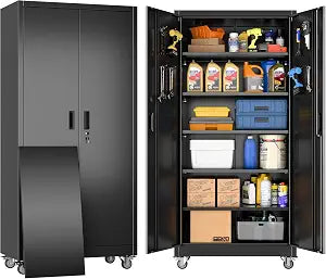 71" Metal Garage Storage Cabinet with Wheels,Pegboard,Lock,5 Shelves, view 2