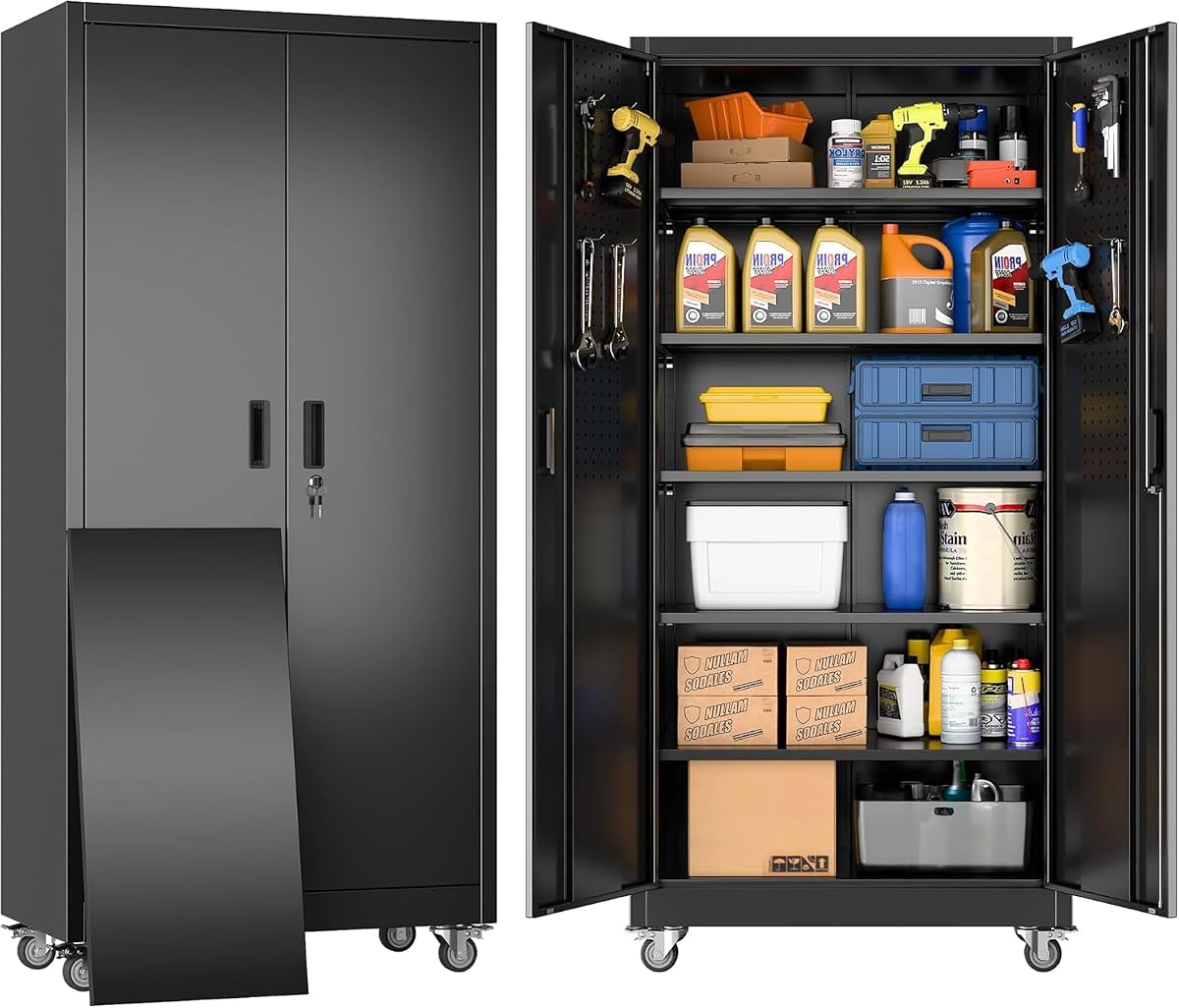 71" Metal Garage Storage Cabinet with Wheels,Pegboard,Lock,5 Shelves