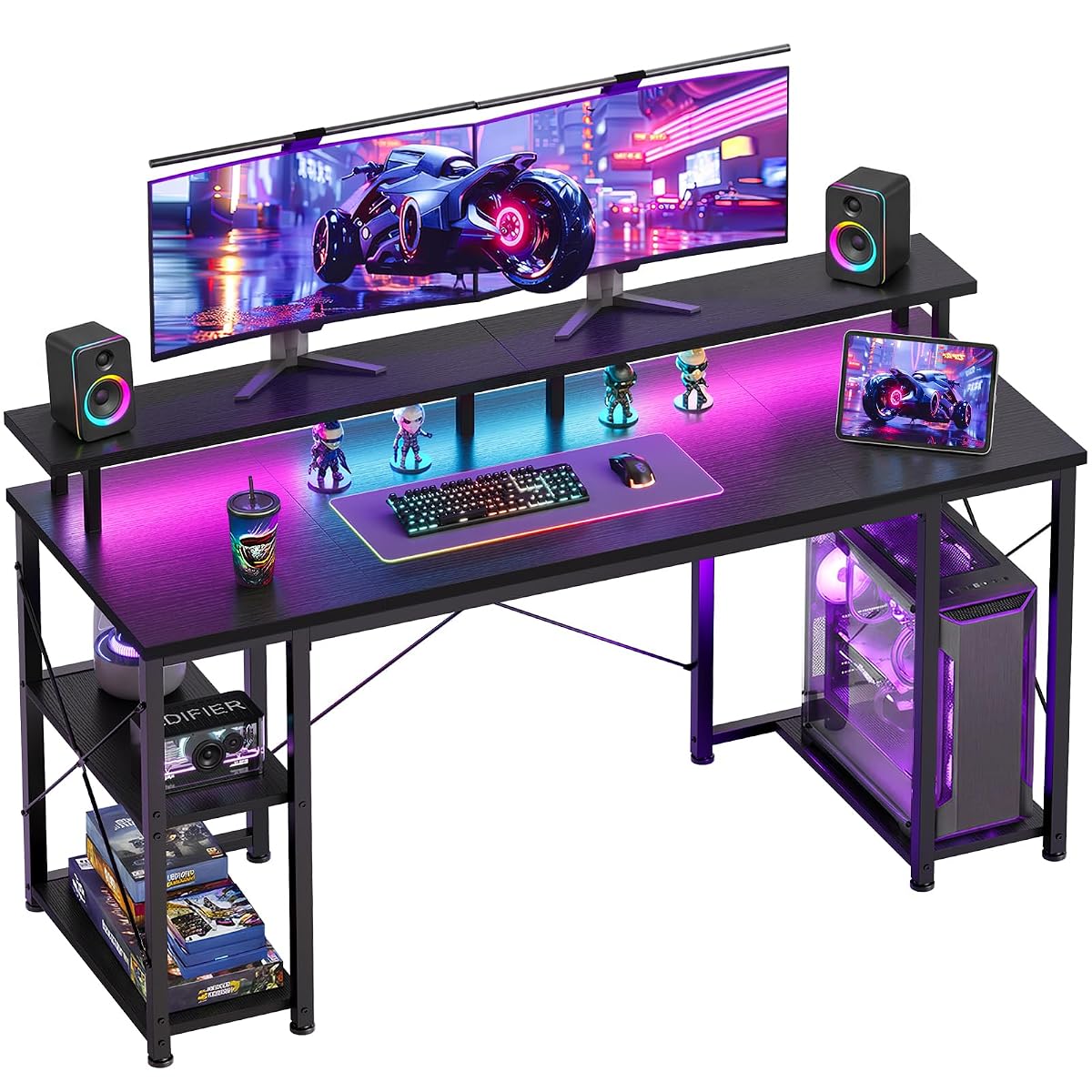 55 Inch Gaming Desk with LED Lights & Storage Shelves, Black
