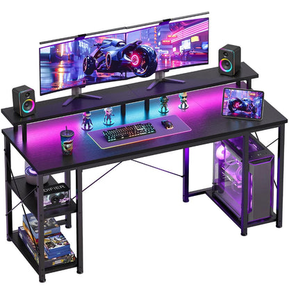 55 Inch Gaming Desk with LED Lights & Storage Shelves, Black