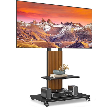 Heavy Duty Rolling TV Stand for 55-100 inch Large Screens | Supports up to 172 lbs (150 lbs TV + 22 lbs Shelf), Mobile TV Cart with Wooden Base and Lockable Wheels, Black and Walnut