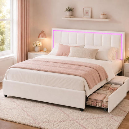 White faux leather platform bed with storage drawers and LED lights