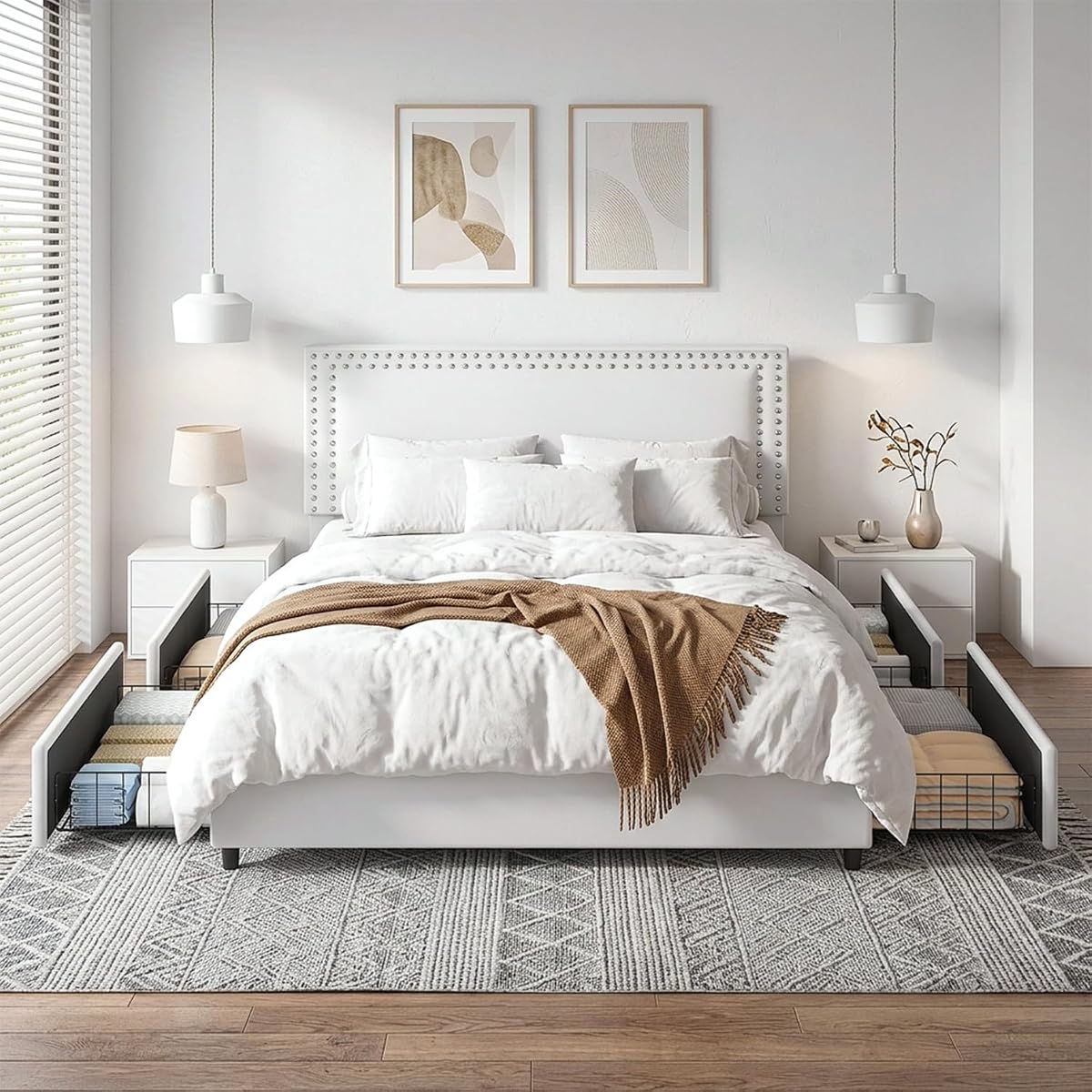 Queen Size Upholstered Bed Frame with 4 Storage Drawers