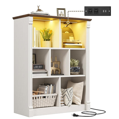 7 Cube Storage Organizer, Bookcases with LED Lighting, White | Anti-Tip Safety Design, Power Outlet Keep Cords Tidy, Sturdy Engineered Wood