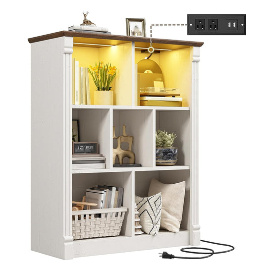 7 Cube Storage Organizer, Bookcases with LED Lighting, White | Anti-Tip Safety Design, Power Outlet Keep Cords Tidy, Sturdy Engineered Wood