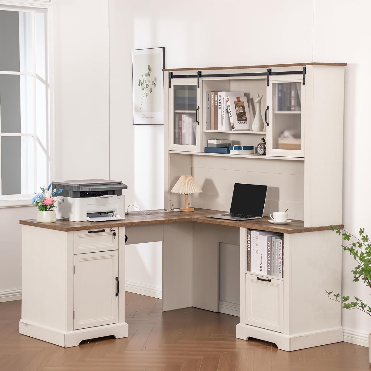 60" Farmhouse L Shaped Desk with Hutch, Executive Desk with Lockable Drawers