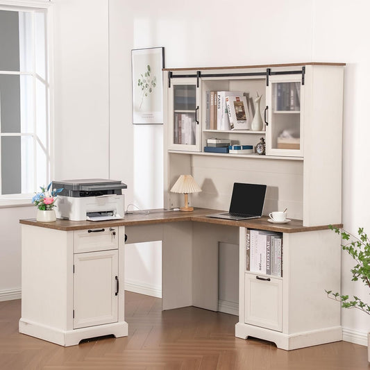 60" Farmhouse L Shaped Desk with Hutch, Executive Desk with Lockable Drawers